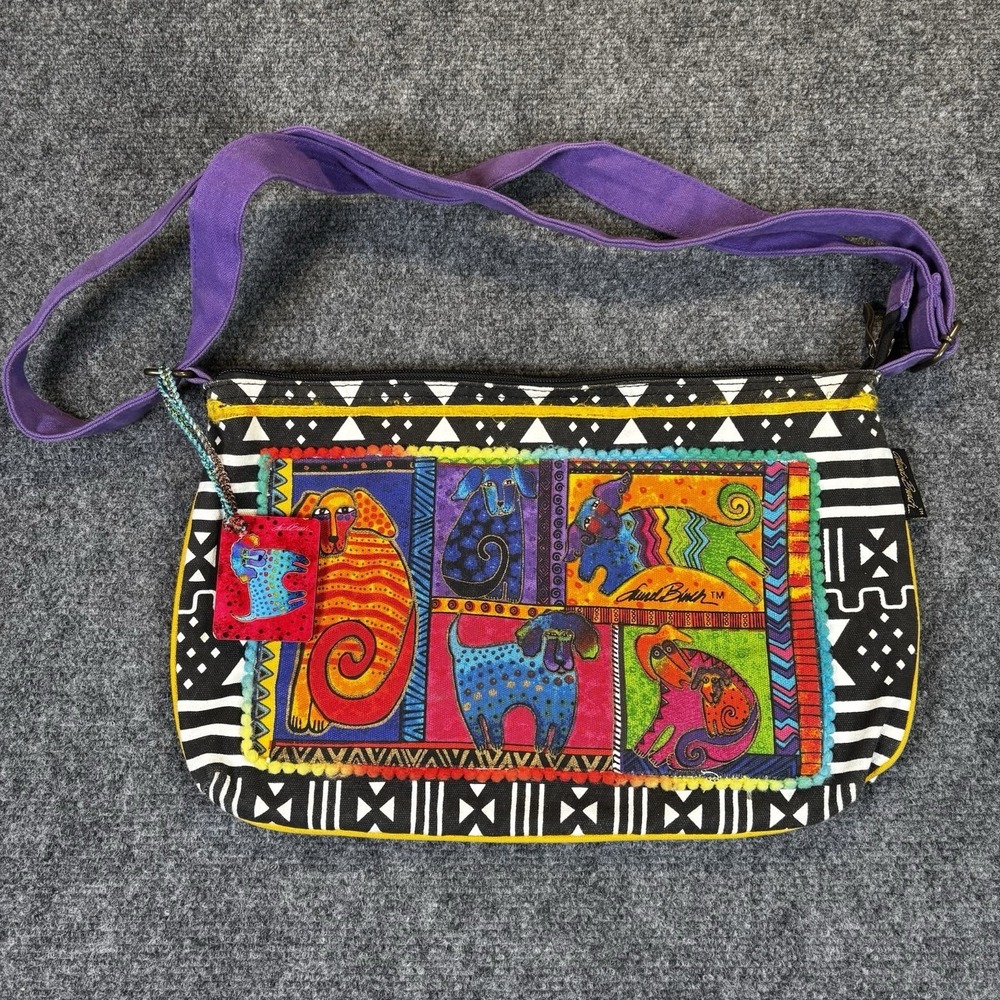 Laurel Burch Crossbody Bag Womens Medium Black Purple‎ Dog Art Canvas Purse